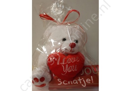 Pluche Beer Wit met Hart 27 cm. met Chocolade Tablet Schatje
