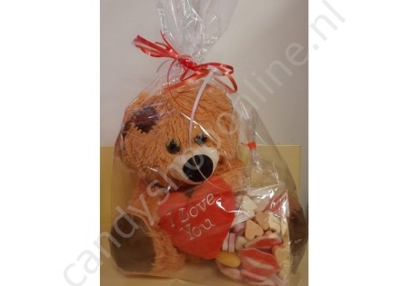 Pluche Beer Bruin met Hart 27 cm. met blokzak Hartenmix