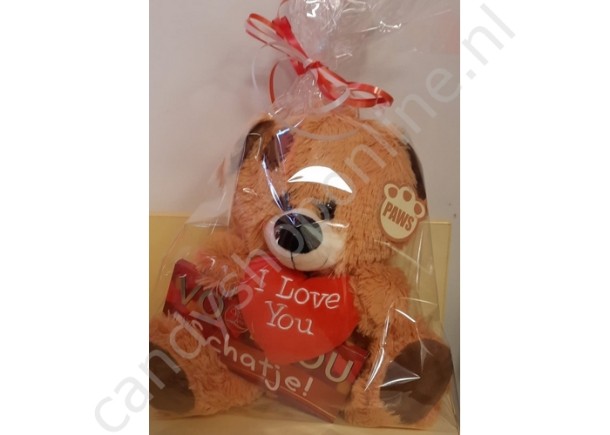 Pluche Beer Bruin met Hart 27 cm. met Chocolade Tablet Schatje