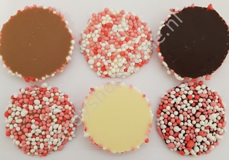 Vanestra Chocolade Flikken Roze ±4,5cm Melk Puur Wit